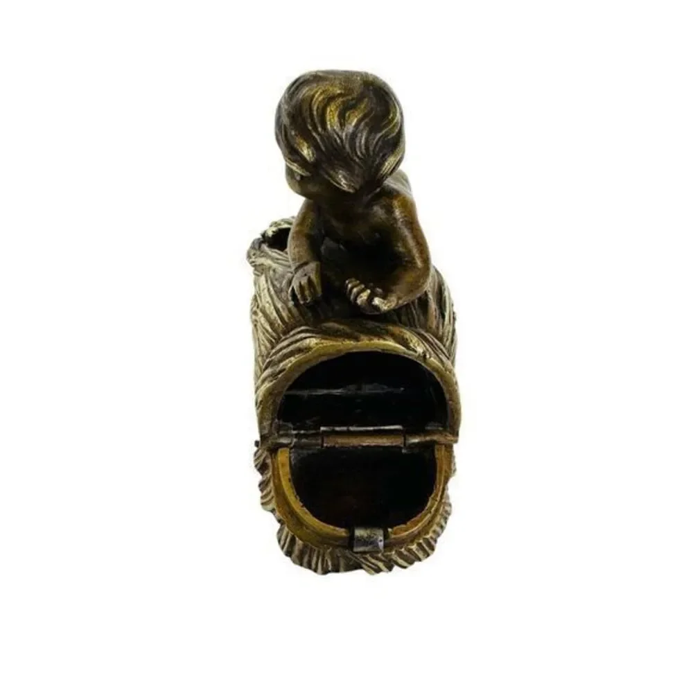 French Bronze and Gilt Metal Box Child & Bird On Wheat Bundle Vintage‎
